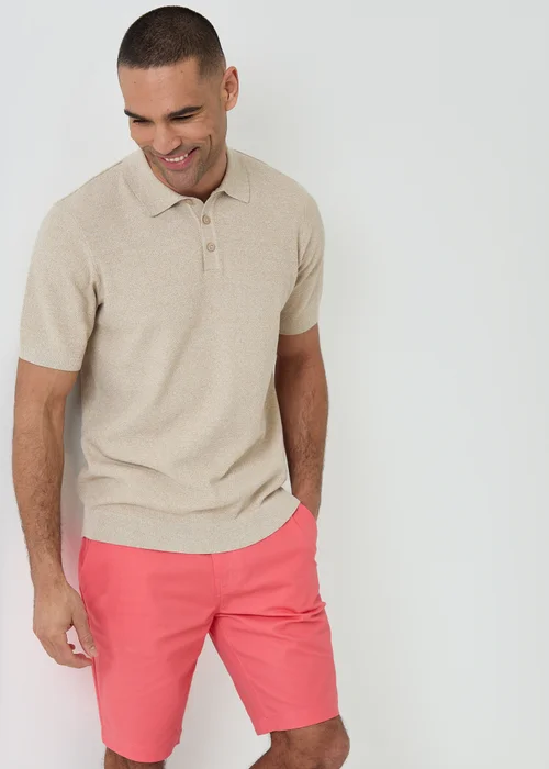 Threadbare Taupe Moss Stitch Knitted Polo - L Image 1