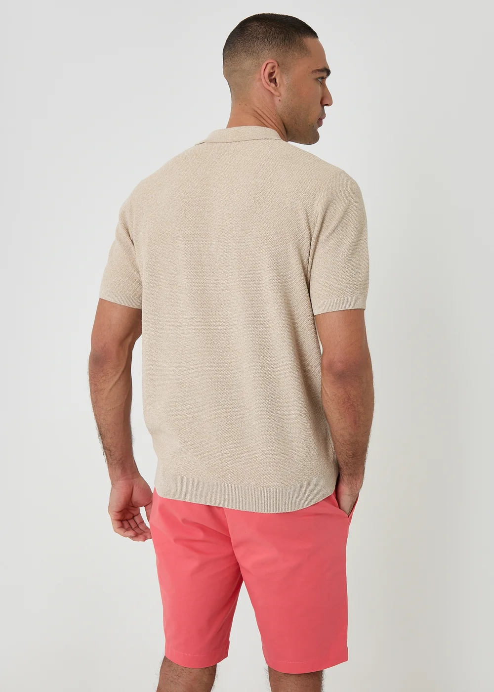 Threadbare Taupe Moss Stitch Knitted Polo - L Image 2