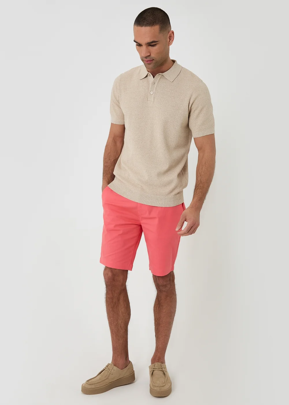 Threadbare Taupe Moss Stitch Knitted Polo - L Image 3