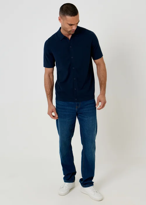 Threadbare Navy Knitted Short Sleeve Shirt - S Image 3