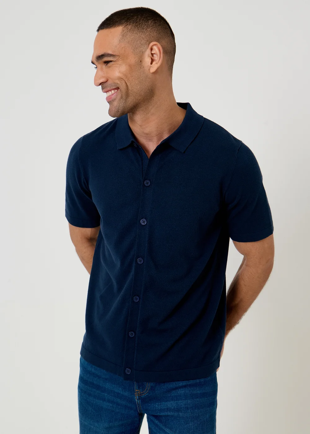 Threadbare Navy Knitted Short Sleeve Shirt - S Image 1