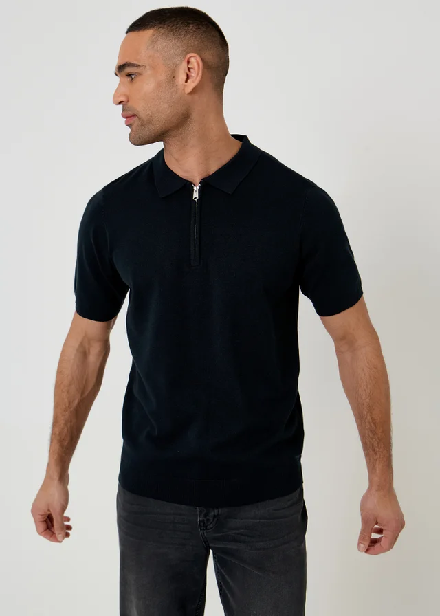 Threadbare Black Quarter Zip Knitted Polo