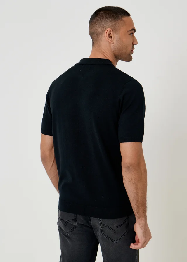 Threadbare Black Quarter Zip Knitted Polo