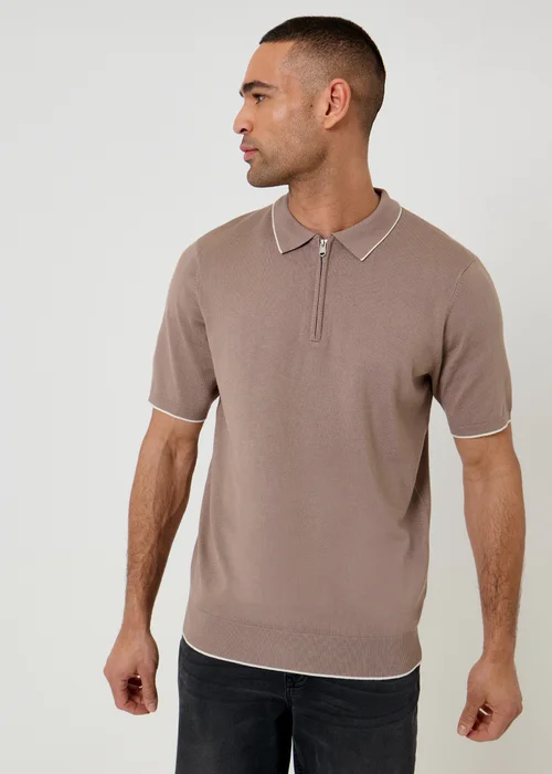 Threadbare Taupe Knitted Quarter Zip Polo With Contrast Tipping - 2XL Image 1