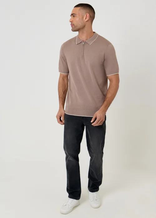 Threadbare Taupe Knitted Quarter Zip Polo With Contrast Tipping - 2XL Image 3