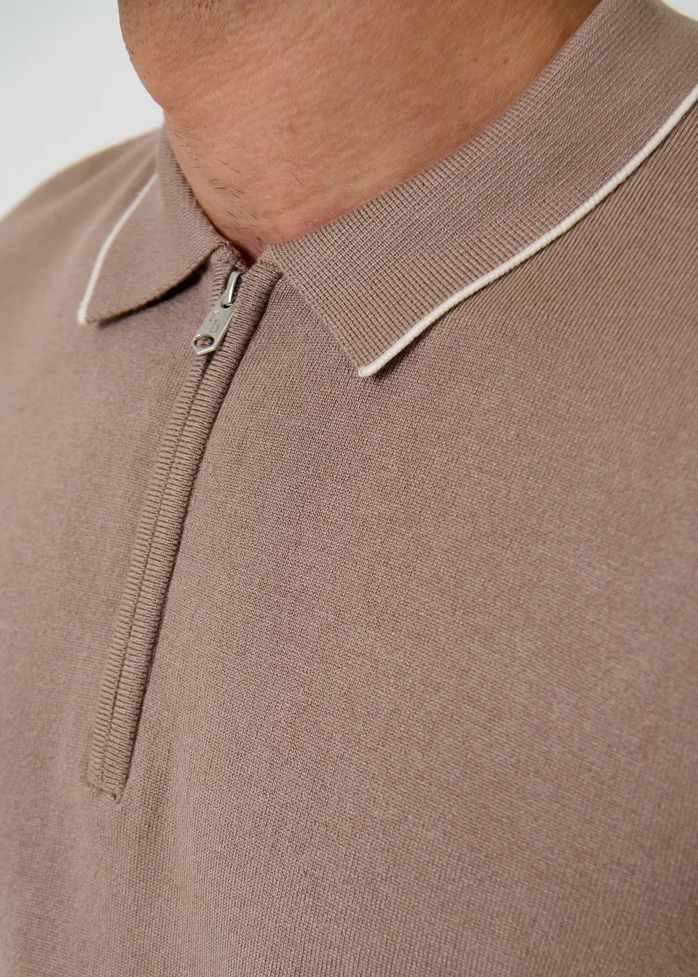 Threadbare Taupe Knitted Quarter Zip Polo With Contrast Tipping - 2XL Image 5