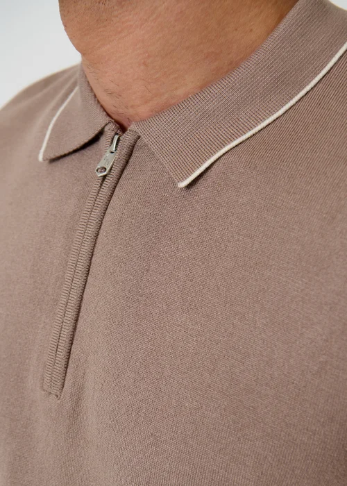 Threadbare Taupe Knitted Quarter Zip Polo With Contrast Tipping - 2XL Image 5