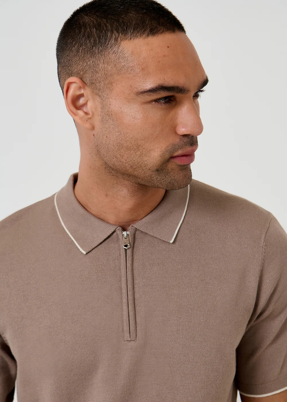 Threadbare Taupe Knitted Quarter Zip Polo With Contrast Tipping - 2XL Image 4