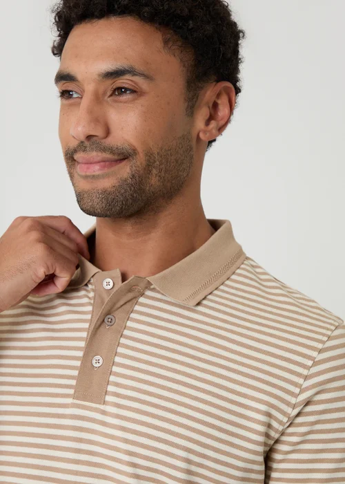 Threadbare Stone Stripe Cotton Pique Polo Shirt - S Image 4
