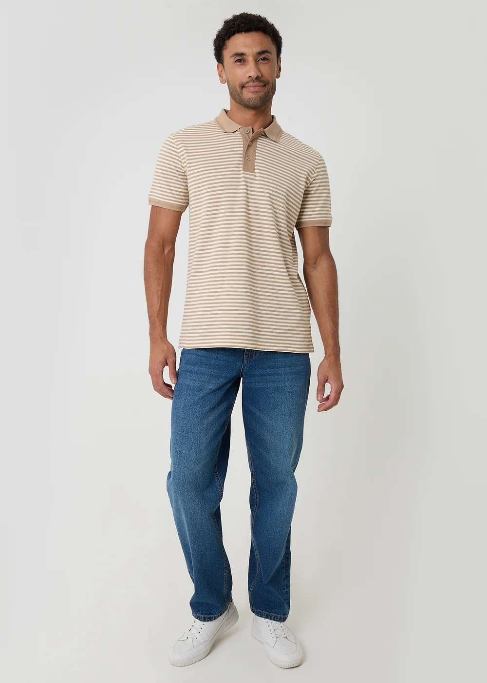 Threadbare Stone Stripe Cotton Pique Polo Shirt - S Image 3