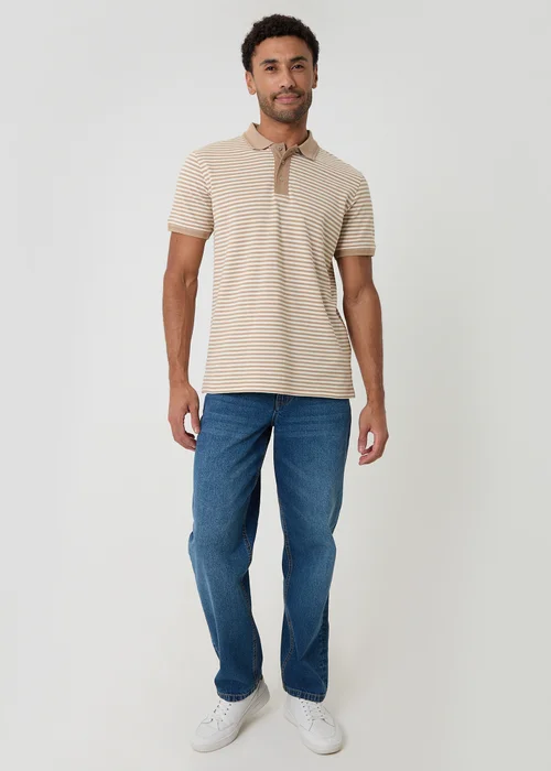 Threadbare Stone Stripe Cotton Pique Polo Shirt - S Image 3
