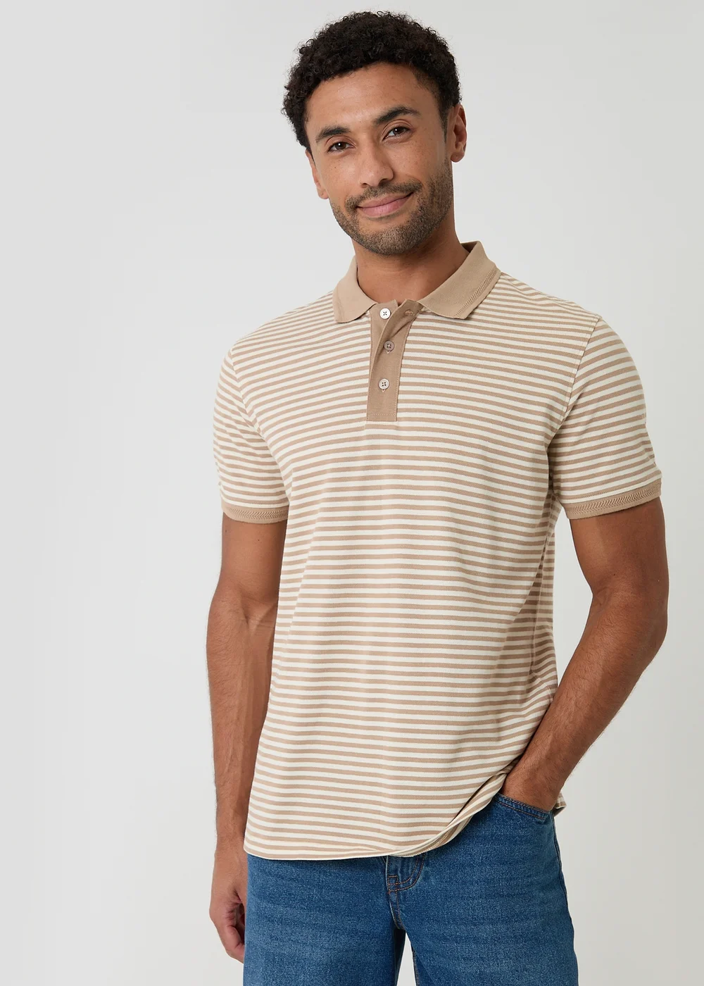 Threadbare Stone Stripe Cotton Pique Polo Shirt - S Image 5