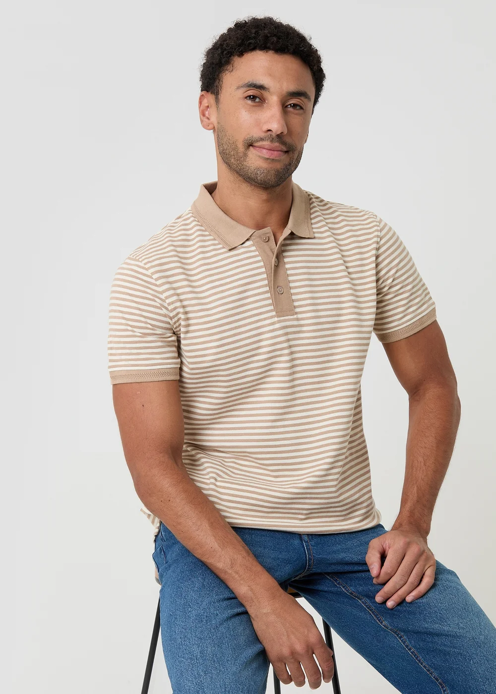 Threadbare Stone Stripe Cotton Pique Polo Shirt - S Image 1