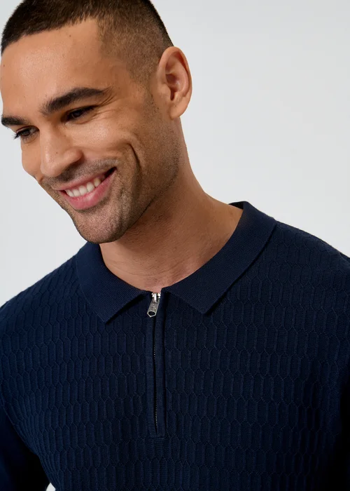 Threadbare Navy Textured Knit Quarter Zip Polo - 2XL Image 4