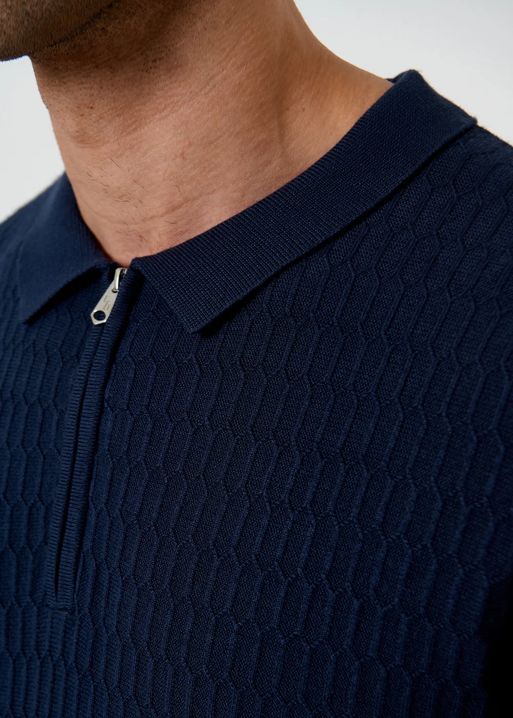 Threadbare Navy Textured Knit Quarter Zip Polo - 2XL Image 5