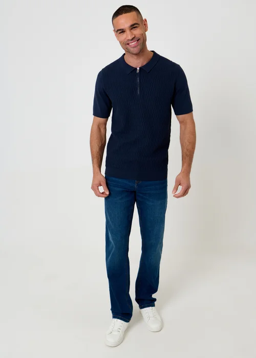 Threadbare Navy Textured Knit Quarter Zip Polo - 2XL Image 3