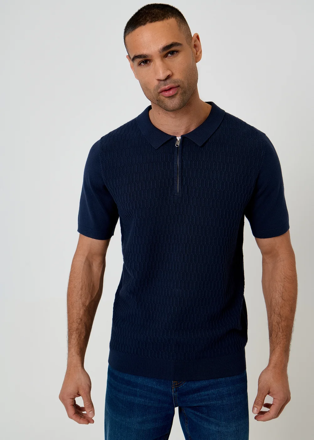 Threadbare Navy Textured Knit Quarter Zip Polo - 2XL Image 1
