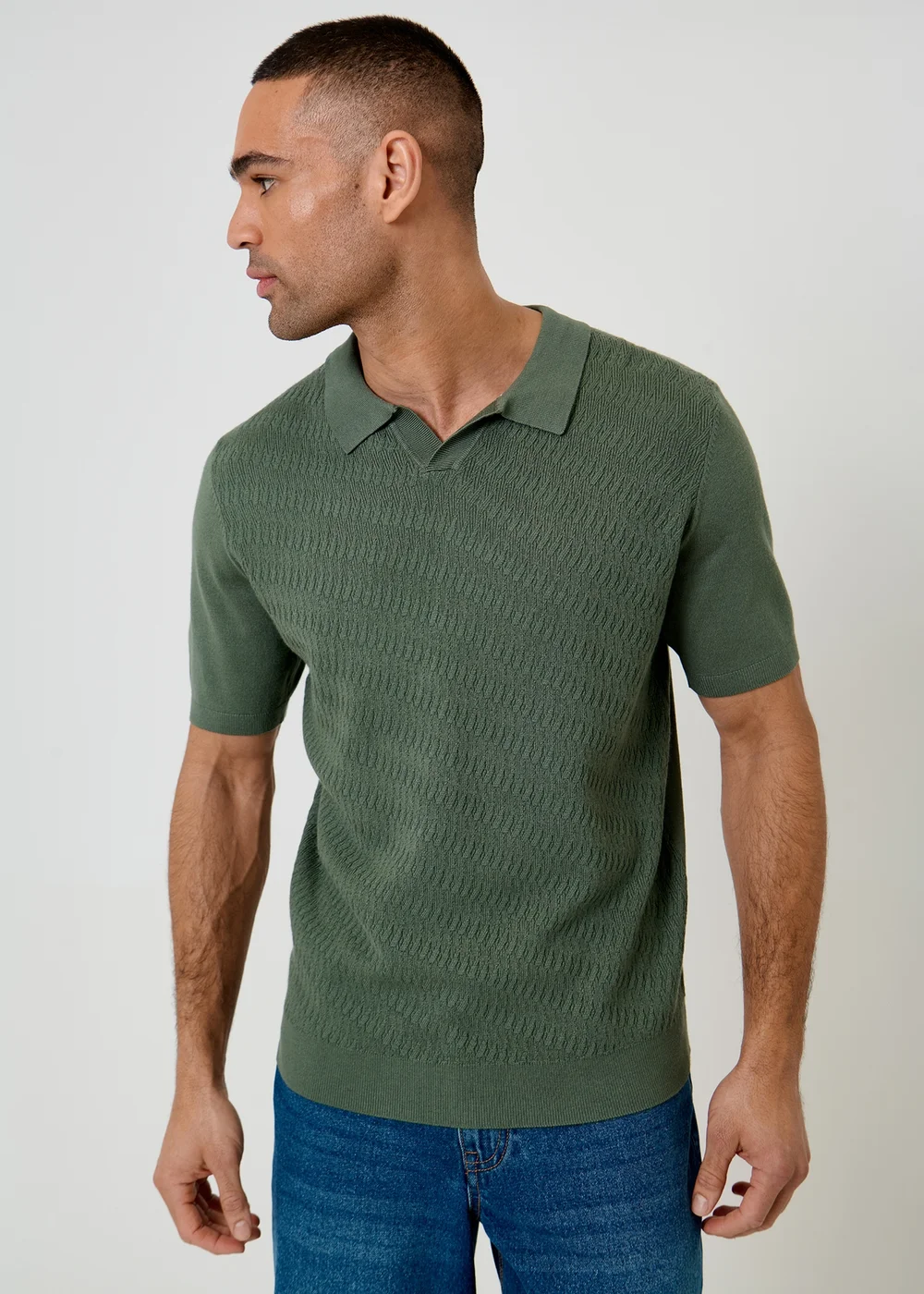 Threadbare Green Textured Knit Trophy Neck Polo - XL Image 1