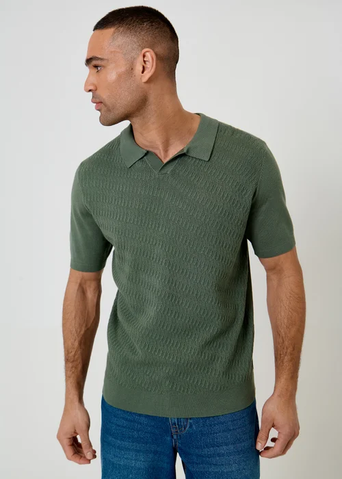 Threadbare Green Textured Knit Trophy Neck Polo - XL Image 1
