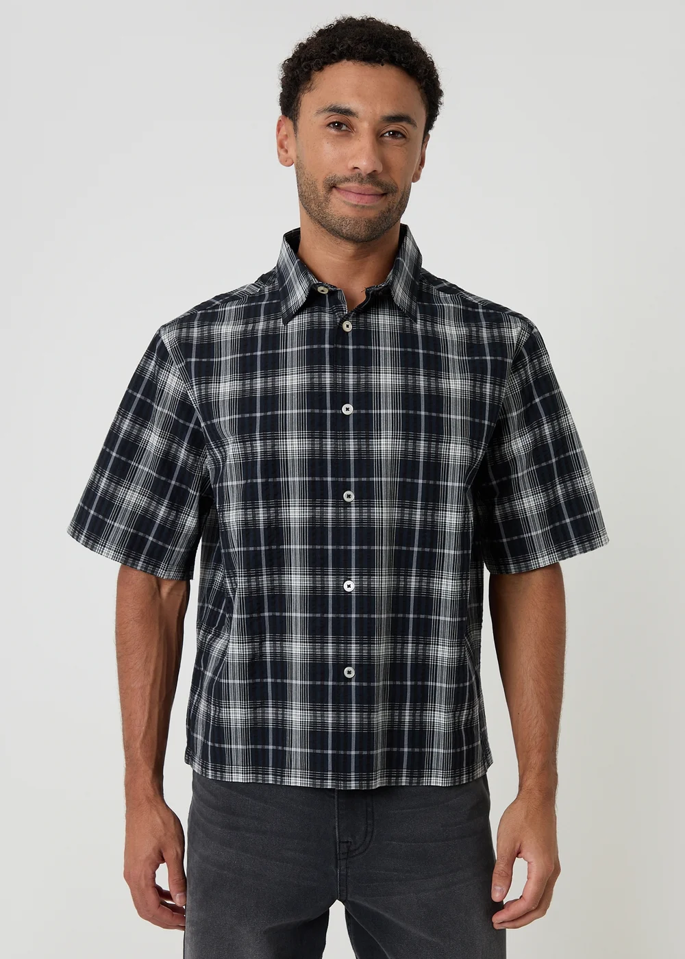Threadbare Black Check Boxy Fit Short Sleeve Shirt - XL Image 1