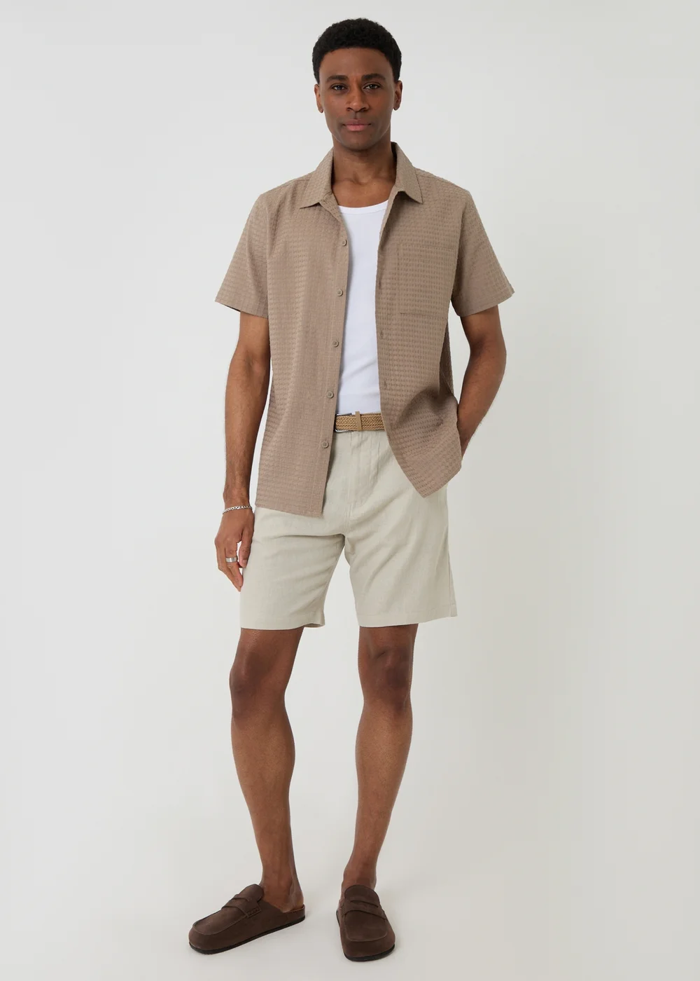 Threadbare Taupe Textured Cotton Short Sleeve Shirt - 2XL Image 3