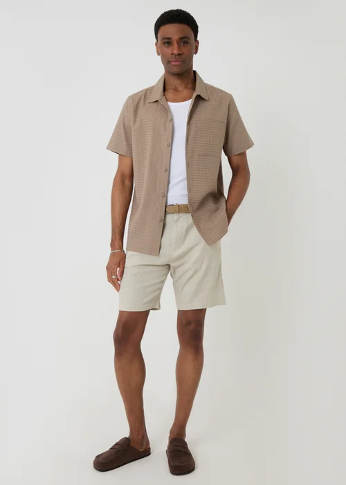Threadbare Taupe Textured Cotton Short Sleeve Shirt - 2XL Image 3