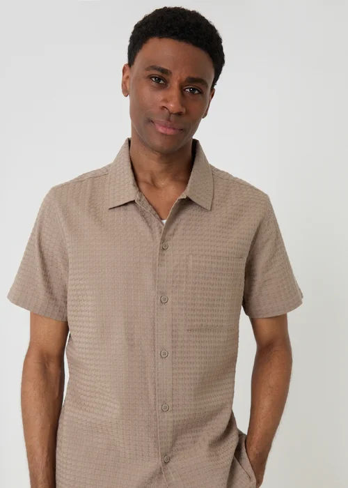 Threadbare Taupe Textured Cotton Short Sleeve Shirt - 2XL Image 4
