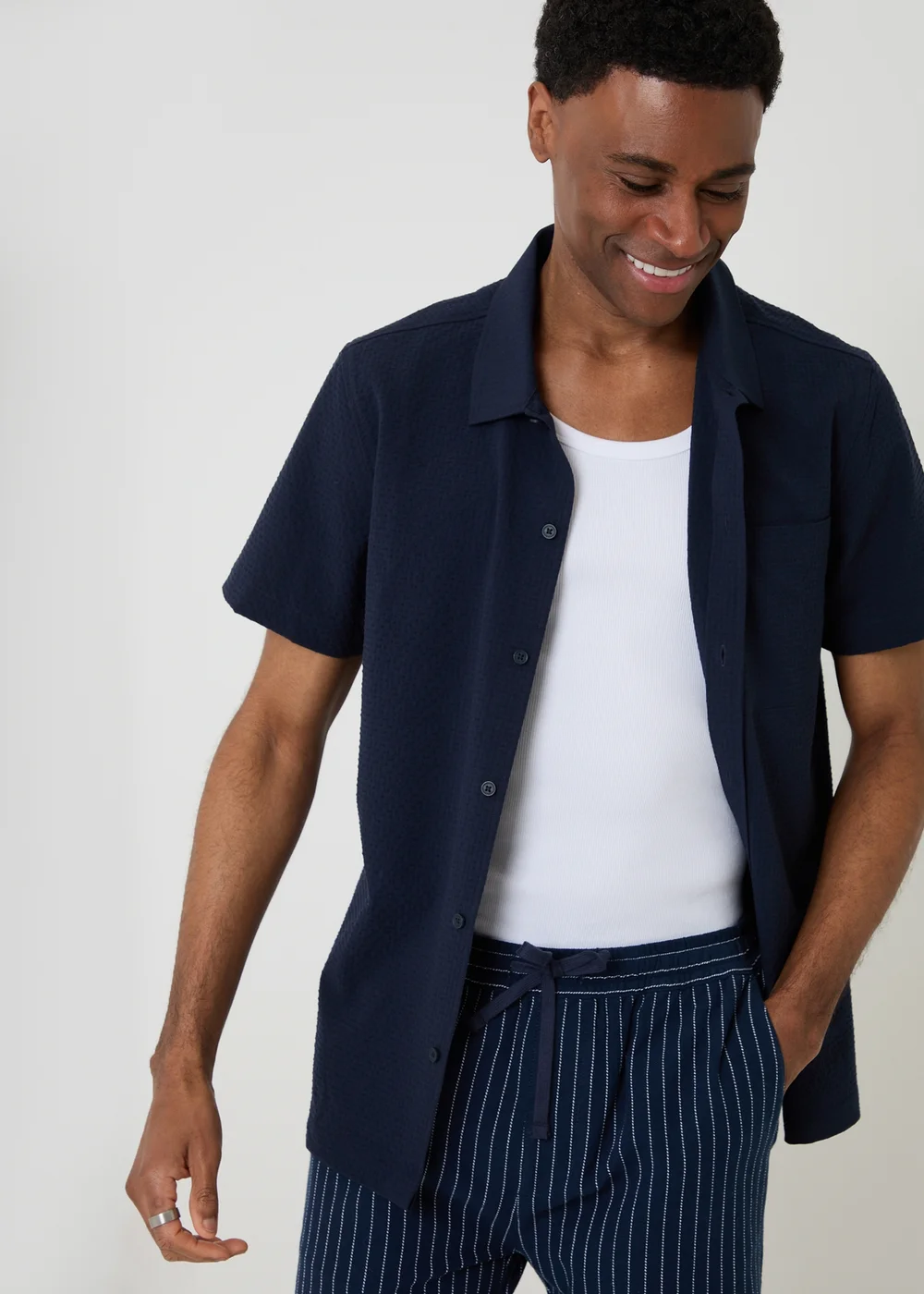 Threadbare Navy Boxy Fit Textured Short Sleeve Shirt - L Image 1