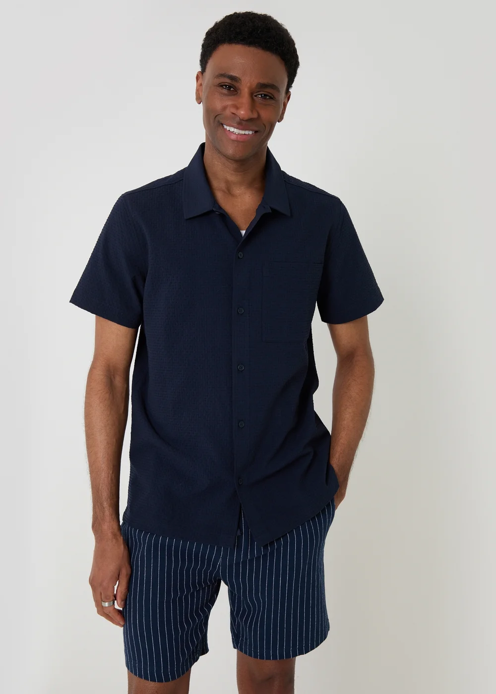Threadbare Navy Boxy Fit Textured Short Sleeve Shirt - L Image 5