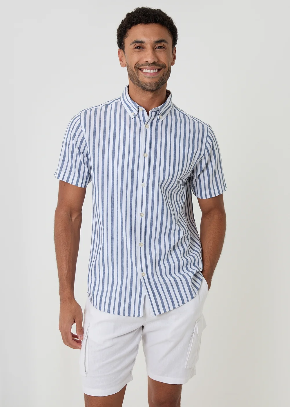 Threadbare Blue Stripe Linen Cotton Blend Short Sleeve Shirt - 2XL Image 5