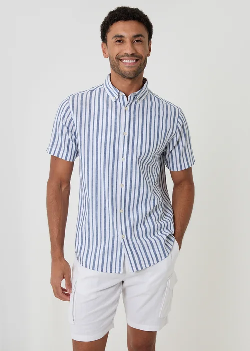 Threadbare Blue Stripe Linen Cotton Blend Short Sleeve Shirt - 2XL Image 5
