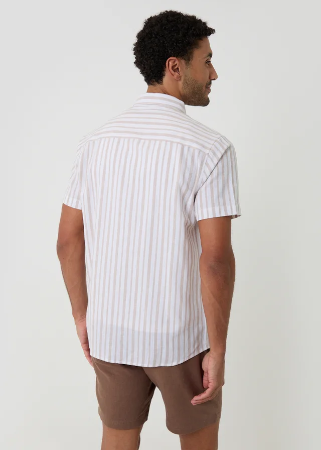 Threadbare Stone Stripe Linen Cotton Blend Short Sleeve Shirt