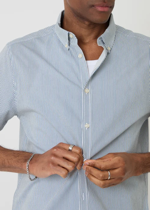 Threadbare Blue Stripe Cotton Poplin Short Sleeve Shirt - XL Image 4