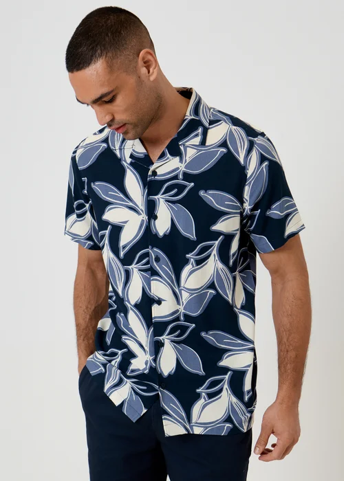 Threadbare Navy Leaf Print Short Sleeve Shirt - L Image 1