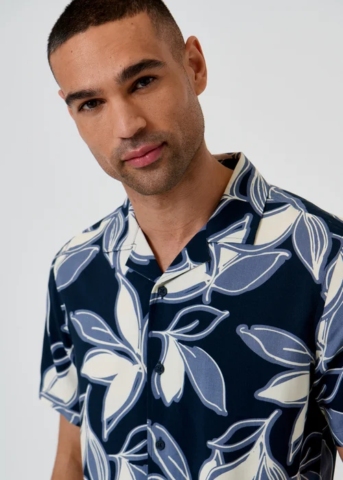 Threadbare Navy Leaf Print Short Sleeve Shirt - L Image 4