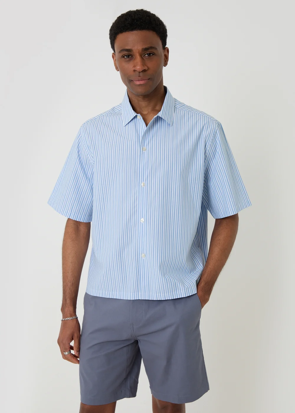 Threadbare Blue Stripe Boxy Fit Cotton Short Sleeve Shirt - XL Image 1
