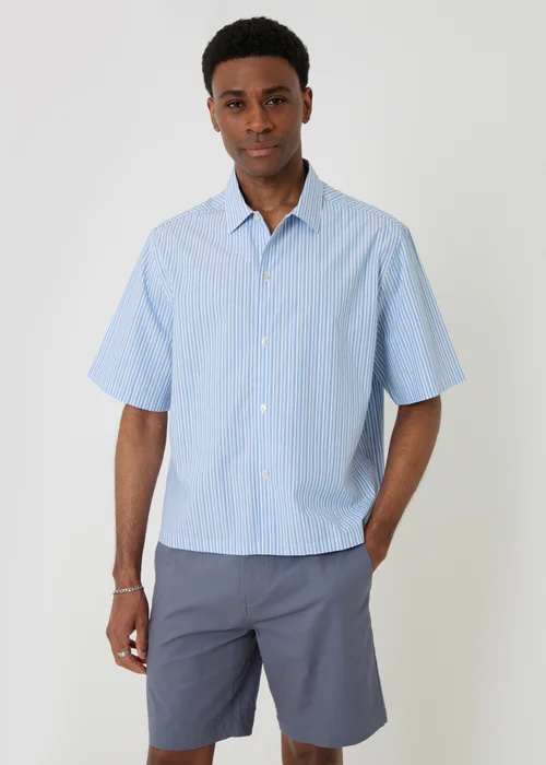 Threadbare Blue Stripe Boxy Fit Cotton Short Sleeve Shirt - XL Image 1