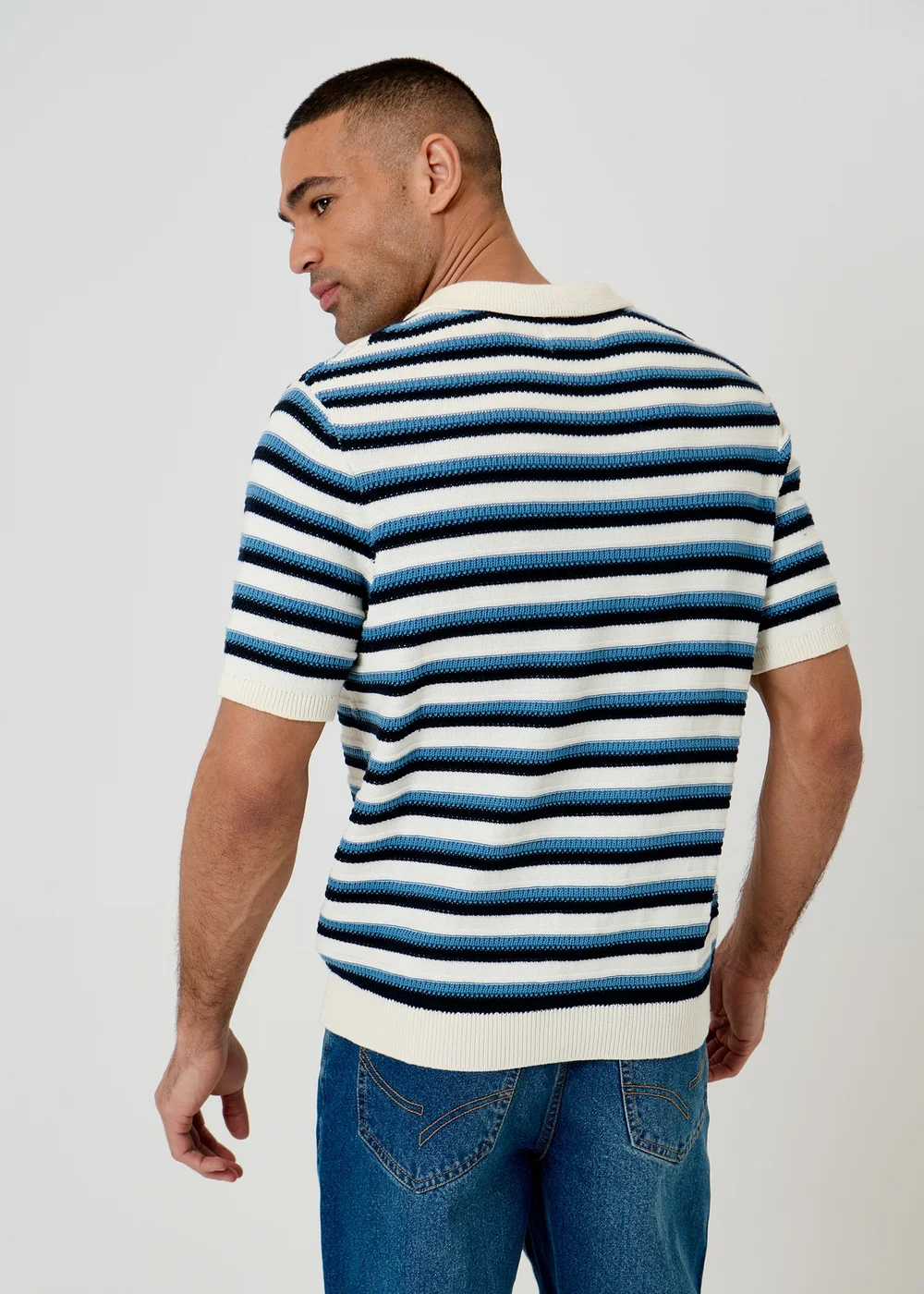 Threadbare Natural Textured Stripe Knitted Trophy Neck Polo - 2XL Image 2