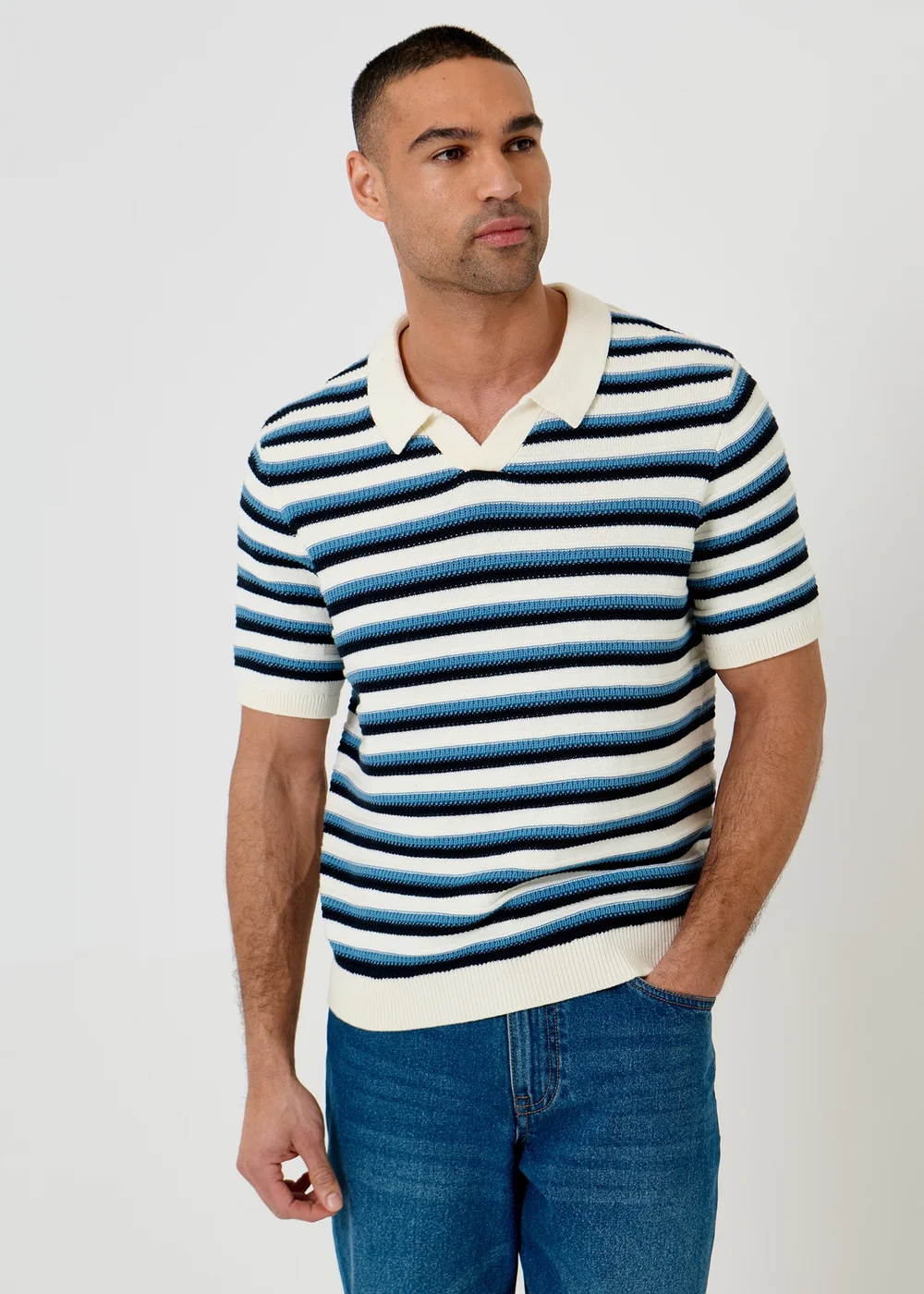 Threadbare Natural Textured Stripe Knitted Trophy Neck Polo - 2XL Image 1