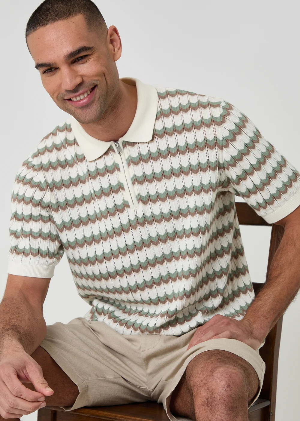 Threadbare Multi Herringbone Knitted Quarter Zip Polo - M Image 1