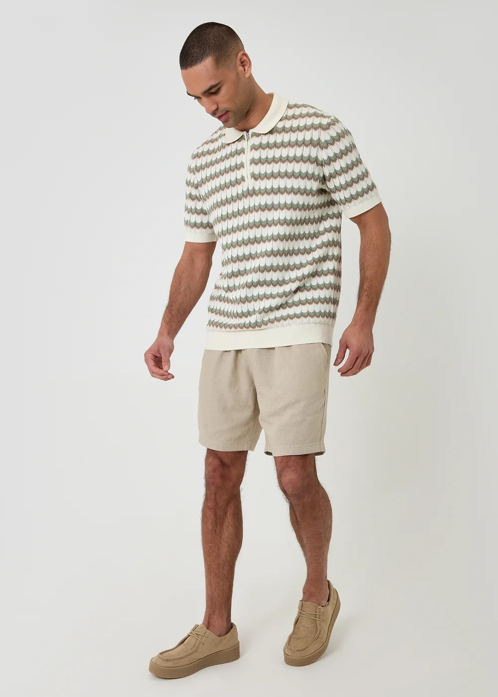 Threadbare Multi Herringbone Knitted Quarter Zip Polo - M Image 3