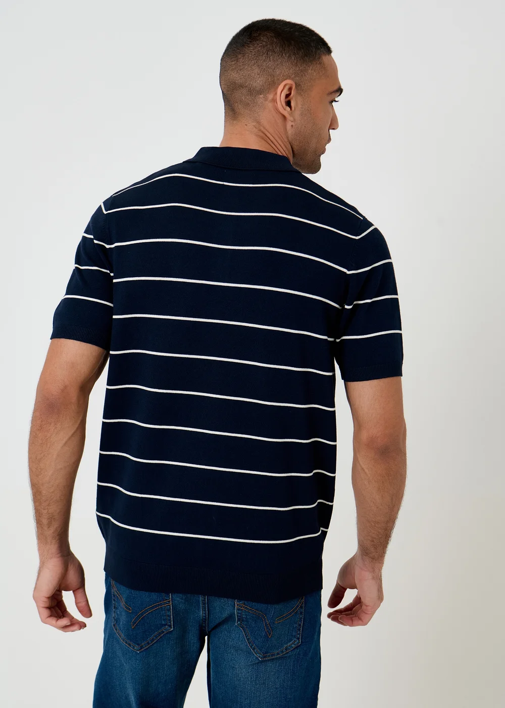 Threadbare Navy Ribbed Stripe Knitted Polo - XL Image 2
