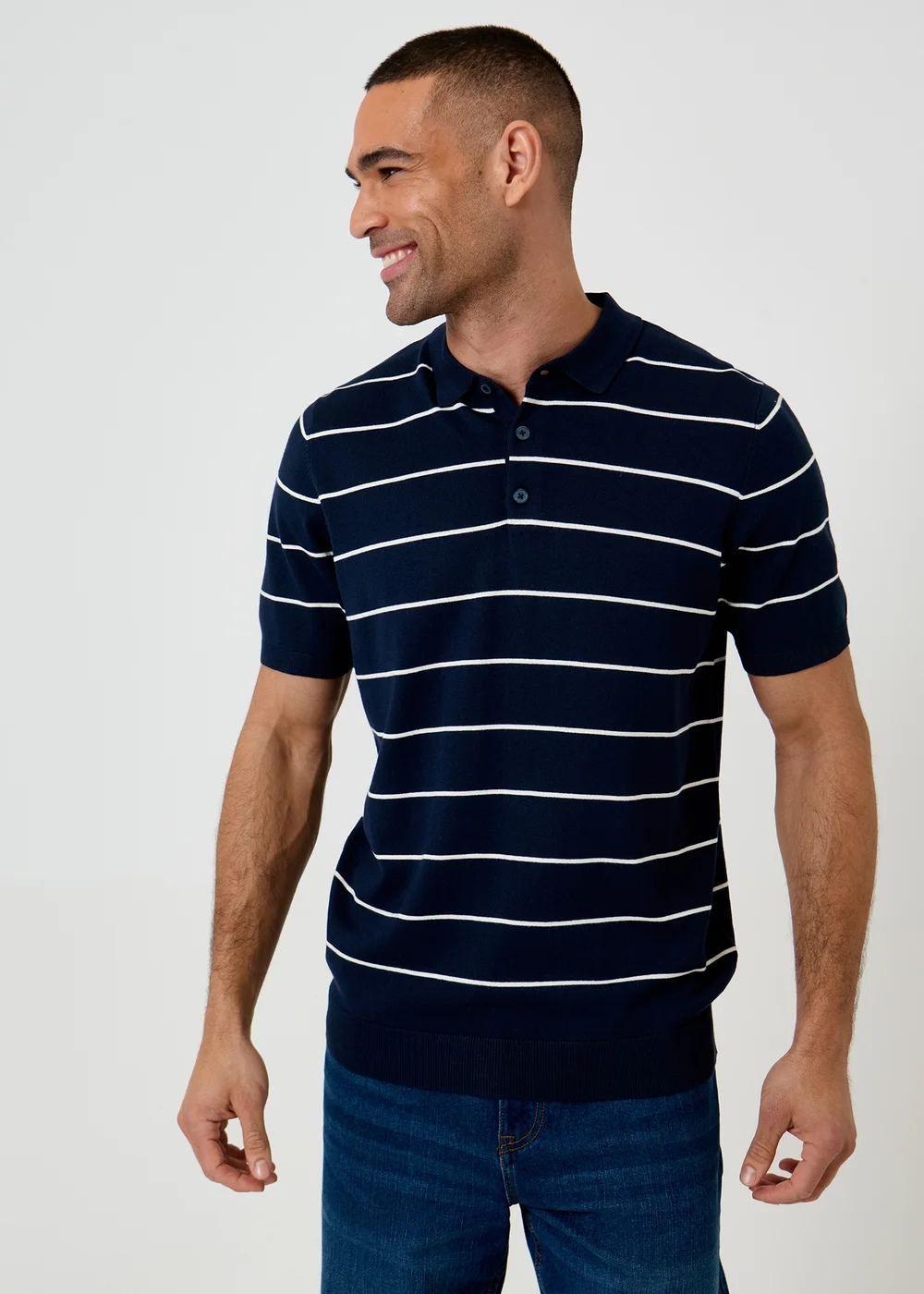 Threadbare Navy Ribbed Stripe Knitted Polo - XL Image 1