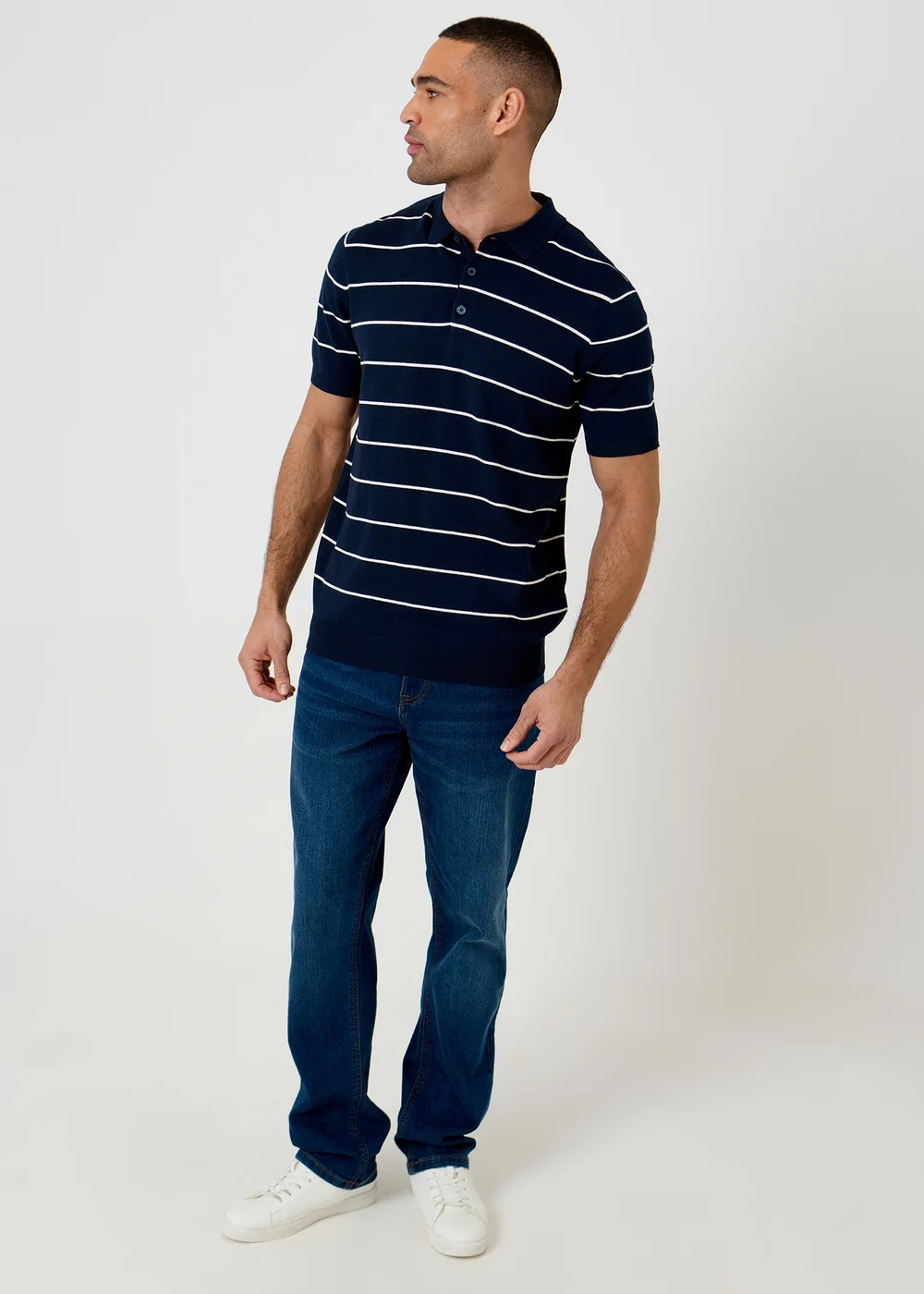 Threadbare Navy Ribbed Stripe Knitted Polo - XL Image 3