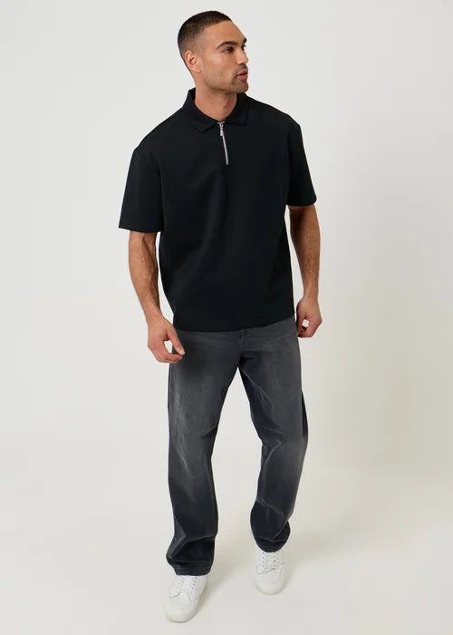 Threadbare Black Oversized Quarter Zip Polo Shirt - M Image 3