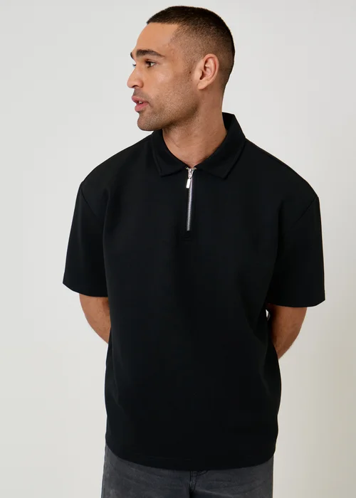 Threadbare Black Oversized Quarter Zip Polo Shirt - M Image 1