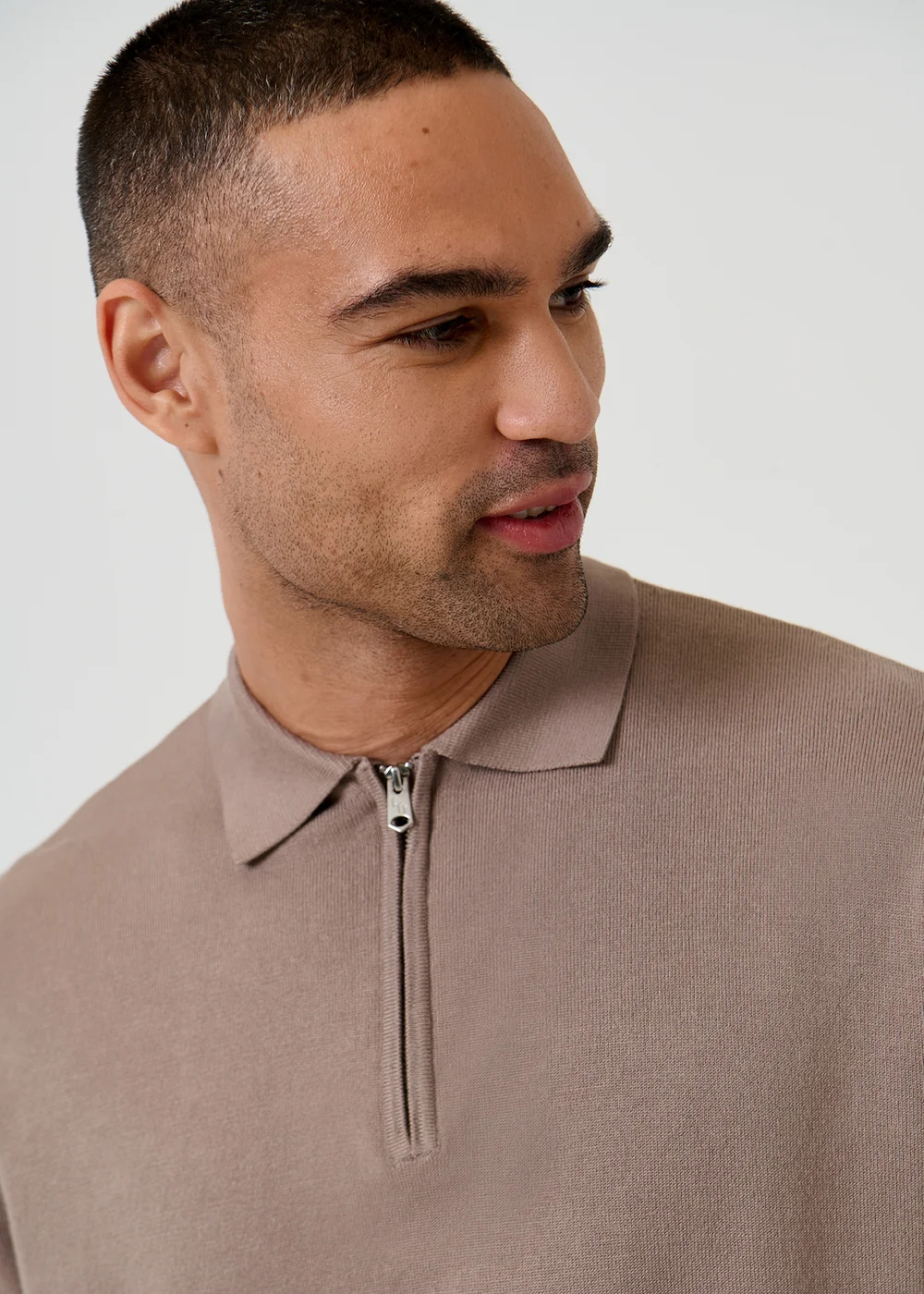 Threadbare Taupe Relaxed Fit Knitted Quarter Zip Polo - L Image 4