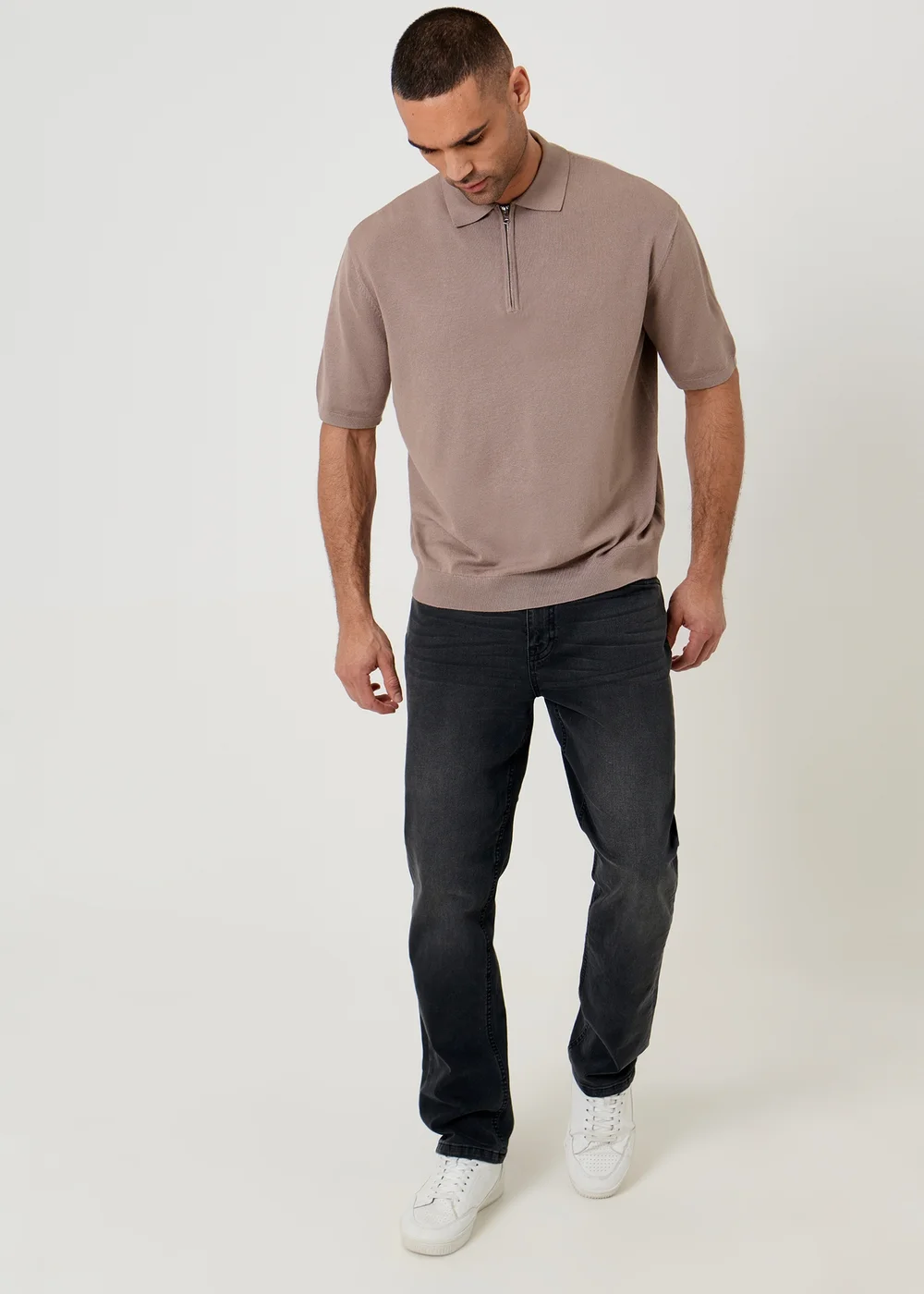 Threadbare Taupe Relaxed Fit Knitted Quarter Zip Polo - L Image 3