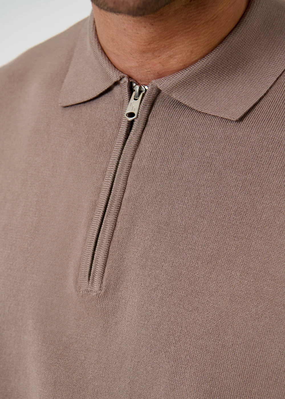Threadbare Taupe Relaxed Fit Knitted Quarter Zip Polo - L Image 5