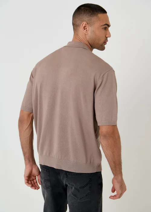 Threadbare Taupe Relaxed Fit Knitted Quarter Zip Polo - L Image 2